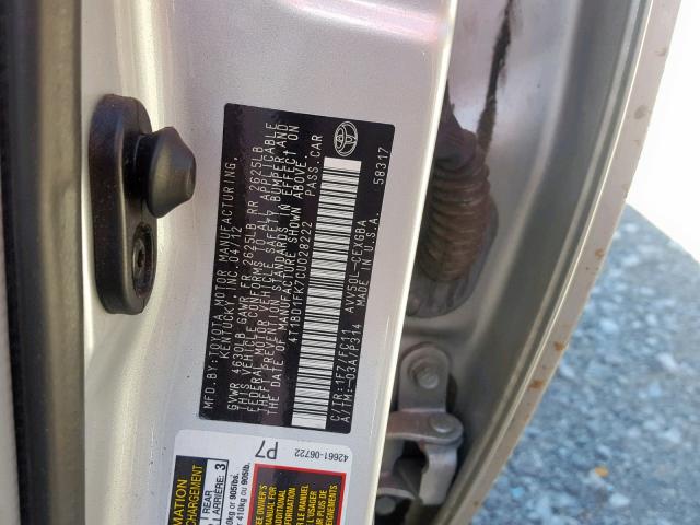 4T1BD1FK7CU028222 - 2012 TOYOTA CAMRY HYBR SILVER photo 10