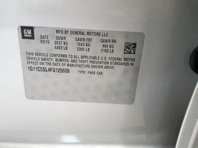 1G11C5SL4FU125609 - 2015 CHEVROLET MALIBU 1LT SILVER photo 10