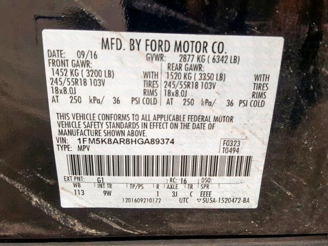 1FM5K8AR8HGA89374 - 2017 FORD EXPLORER P BLACK photo 10