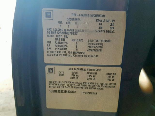 1G2NE12E3XM876137 - 1999 PONTIAC GRAND AM S BLUE photo 10