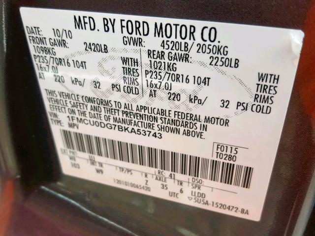 1FMCU0DG7BKA53743 - 2011 FORD ESCAPE XLT GRAY photo 10