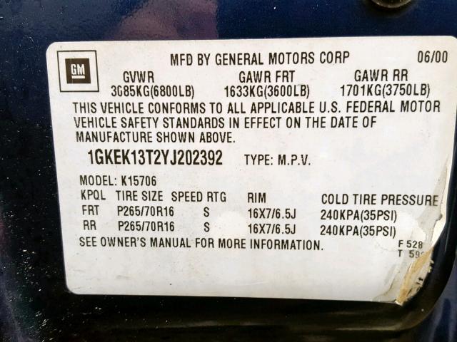 1GKEK13T2YJ202392 - 2000 GMC YUKON BLUE photo 10