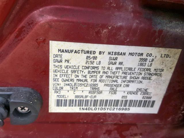 1N4DL01D5YC216985 - 2000 NISSAN ALTIMA XE BURGUNDY photo 10