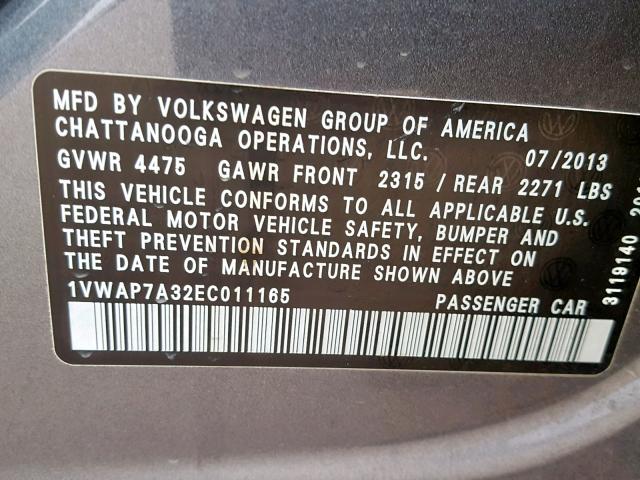 1VWAP7A32EC011165 - 2014 VOLKSWAGEN PASSAT S GRAY photo 10