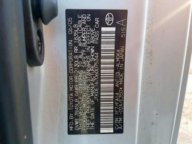 JTKDE167060075344 - 2006 TOYOTA SCION TC SILVER photo 10