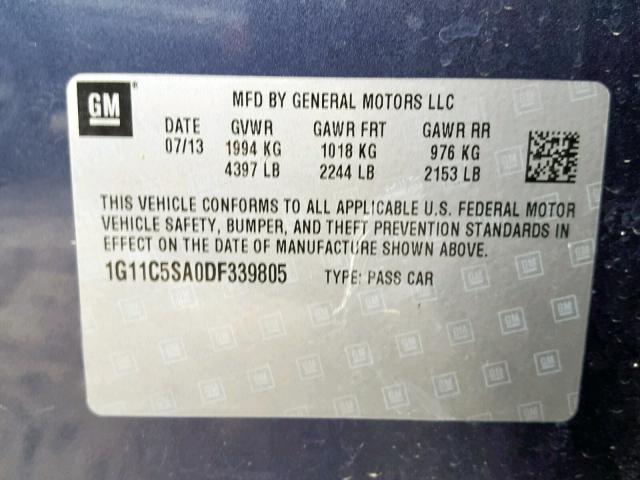 1G11C5SA0DF339805 - 2013 CHEVROLET MALIBU 1LT 蓝色 照片 10