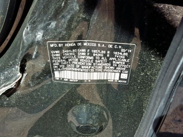 3HGGK5H84FM702135 - 2015 HONDA FIT EX BLACK photo 10