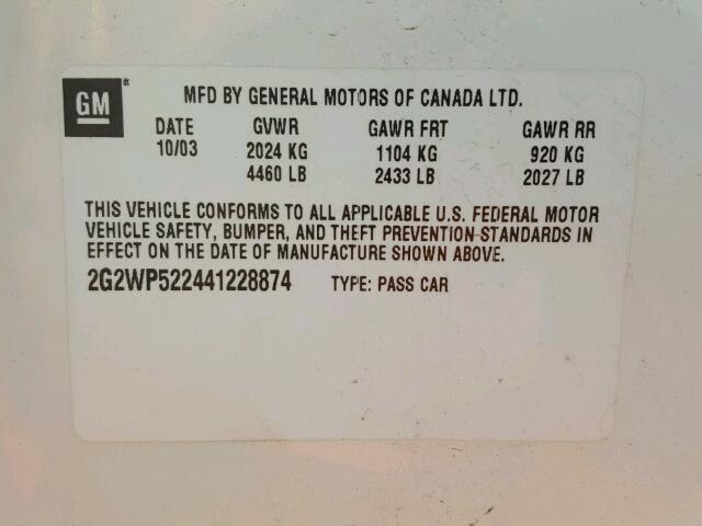 2G2WP522441228874 - 2004 PONTIAC GRAND PRIX 白色 照片 10