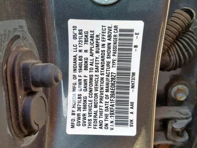 19XFA1F39AE062827 - 2010 HONDA CIVIC VP GRAY photo 10