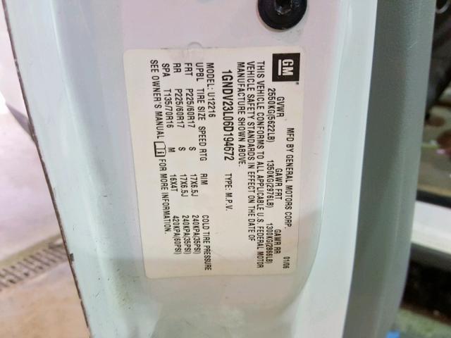 1GNDV23L06D194672 - 2006 CHEVROLET UPLANDER L 白色 照片 10