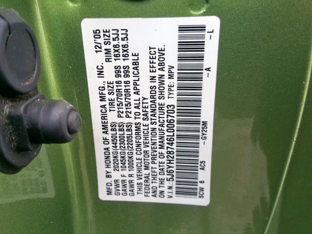 5J6YH28746L006703 - 2006 HONDA ELEMENT EX GREEN photo 10