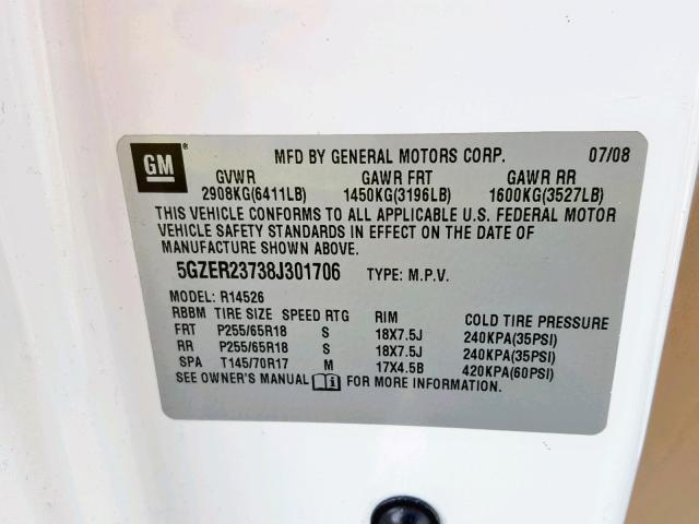 5GZER23738J301706 - 2008 SATURN OUTLOOK XR თეთრი ფოტო 10