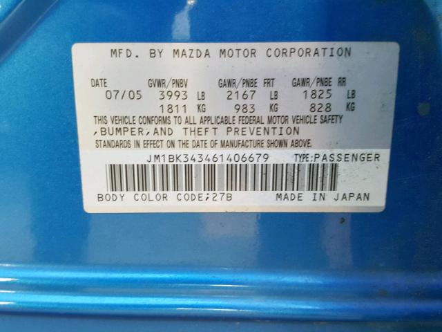 JM1BK343461406679 - 2006 MAZDA 3 HATCHBAC BLUE photo 10