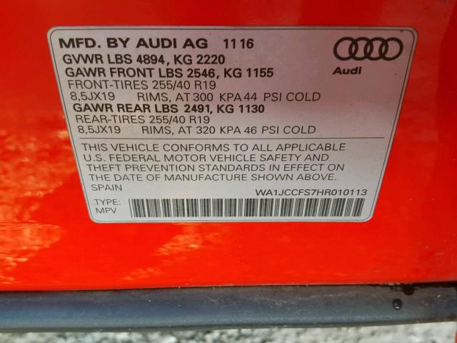 WA1JCCFS7HR010113 - 2017 AUDI Q3 PREMIUM RED photo 10