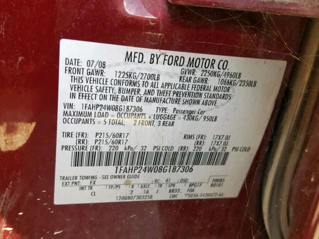 1FAHP24W08G187306 - 2008 FORD TAURUS SEL MAROON photo 10