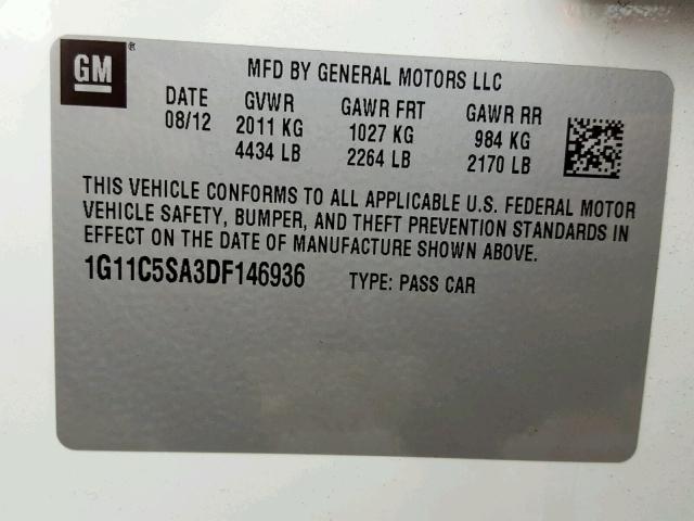 1G11C5SA3DF146936 - 2013 CHEVROLET MALIBU 1LT 白色 照片 10