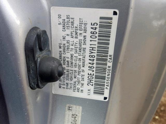 2HGEJ6448YH110645 - 2000 HONDA CIVIC DX SILVER photo 10