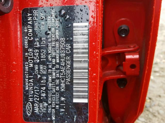 KMHCT5AE4HU337508 - 2017 HYUNDAI ACCENT SE RED photo 10