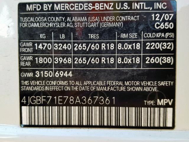 4JGBF71E78A367361 - 2008 MERCEDES-BENZ GL 450 4MA WHITE photo 10