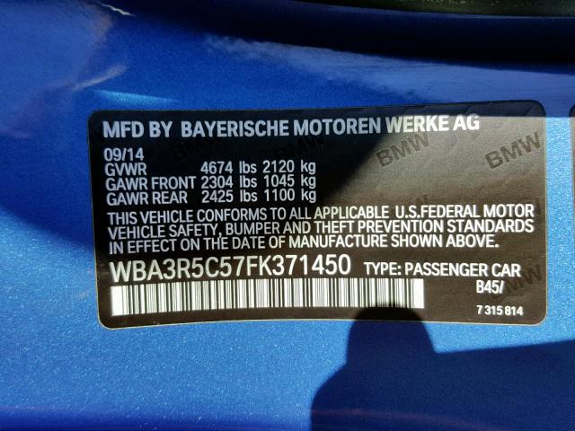 WBA3R5C57FK371450 - 2015 BMW 435 XI BLUE photo 10