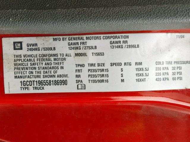 1GCDT196558186990 - 2005 CHEVROLET COLORADO RED photo 10