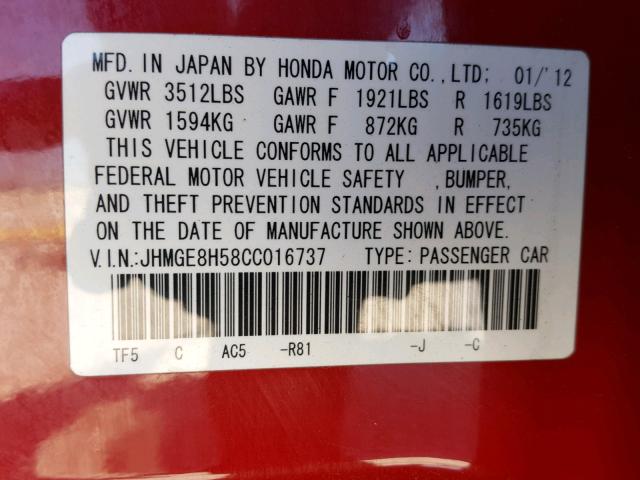 JHMGE8H58CC016737 - 2012 HONDA FIT SPORT RED photo 10