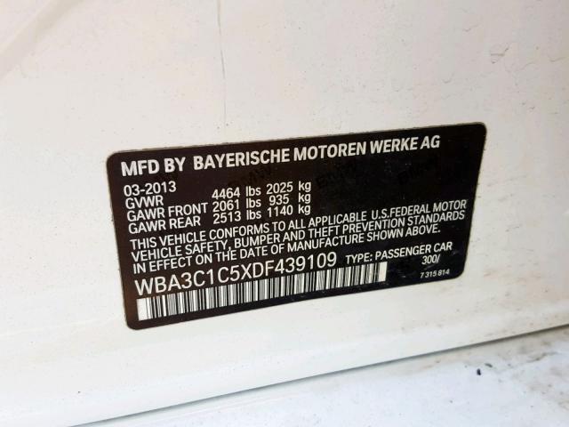 WBA3C1C5XDF439109 - 2013 BMW 328 I SULE WHITE photo 10