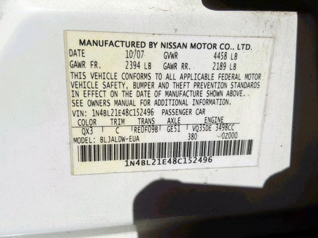 1N4BL21E48C152496 - 2008 NISSAN ALTIMA 3.5 WHITE photo 10