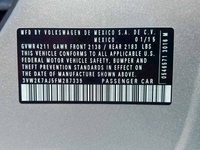 3VW2K7AJ5FM287339 - 2015 VOLKSWAGEN JETTA BASE SILVER photo 10