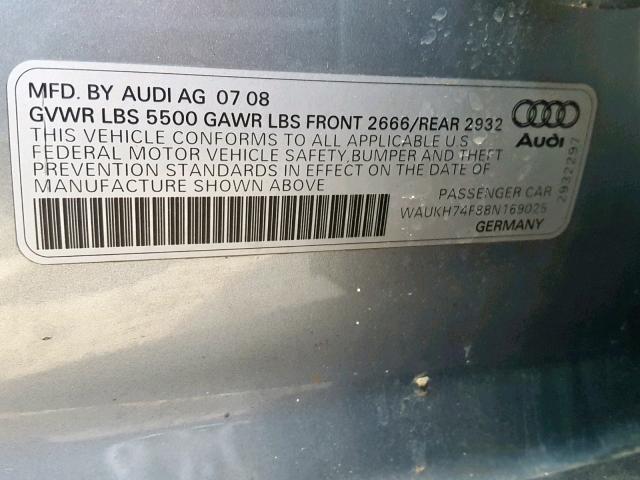 WAUKH74F88N169025 - 2008 AUDI A6 AVANT Q GRAY photo 10