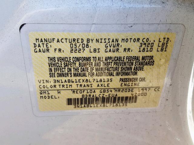 3N1AB61EX8L718135 - 2008 NISSAN SENTRA 2.0 WHITE photo 10