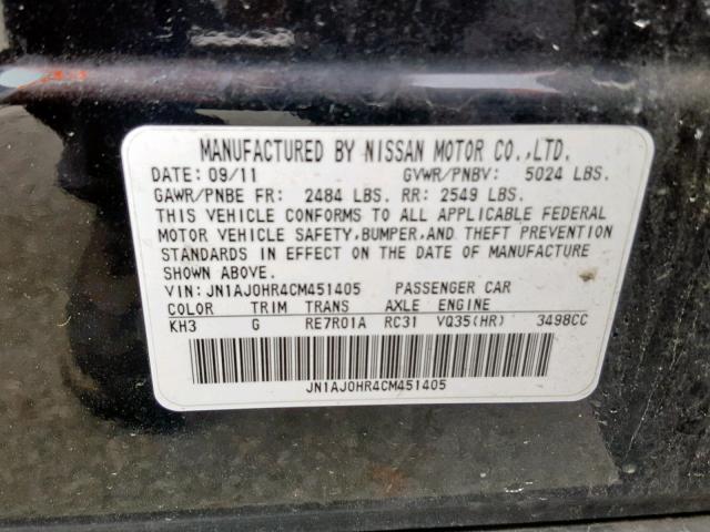 JN1AJ0HR4CM451405 - 2012 INFINITI EX35 BASE BLACK photo 10