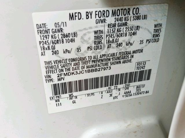 2FMDK3JC1BBB27973 - 2011 FORD EDGE SEL WHITE photo 10