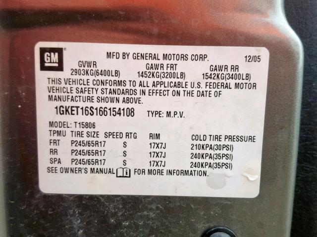 1GKET16S166154108 - 2006 GMC ENVOY XL SILVER photo 10