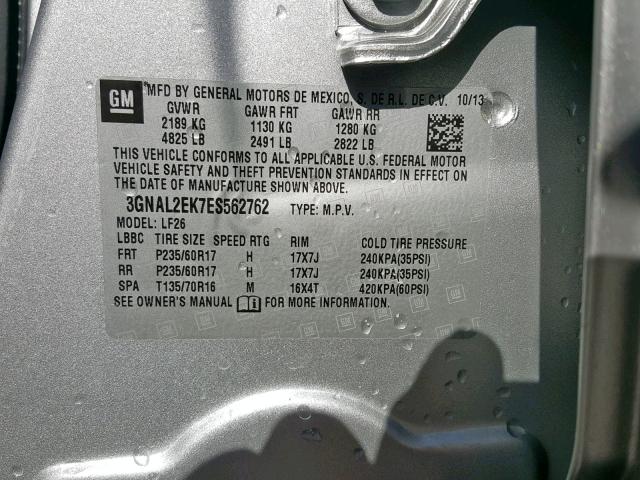 3GNAL2EK7ES562762 - 2014 CHEVROLET CAPTIVA LS 银色 照片 10