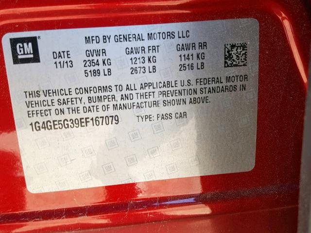 1G4GE5G39EF167079 - 2014 BUICK LACROSSE P RED photo 10