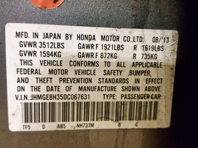 JHMGE8H35DC067631 - 2013 HONDA FIT GRAY photo 10