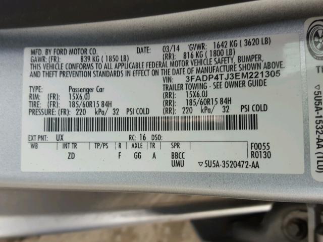 3FADP4TJ3EM221305 - 2014 FORD FIESTA S SILVER photo 10