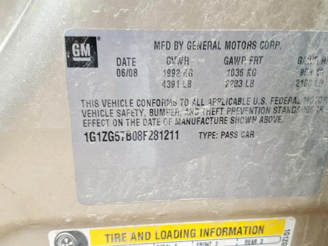 1G1ZG57B08F281211 - 2008 CHEVROLET MALIBU LS TAN photo 10