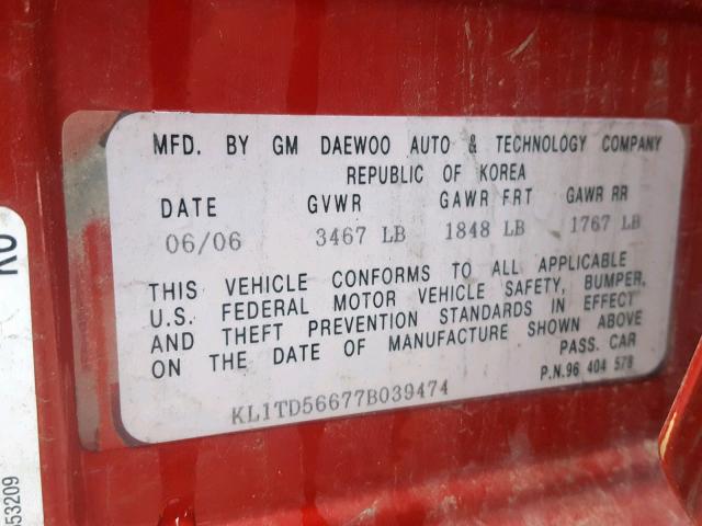 KL1TD56677B039474 - 2007 CHEVROLET AVEO BASE Қызыл фото 10