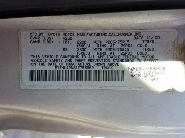 5TENL42N81Z755962 - 2001 TOYOTA TACOMA SILVER photo 10