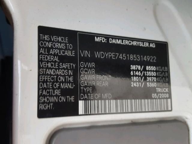 WDYPE745185314922 - 2008 FREIGHTLINER SPRINTER 2 WHITE photo 10