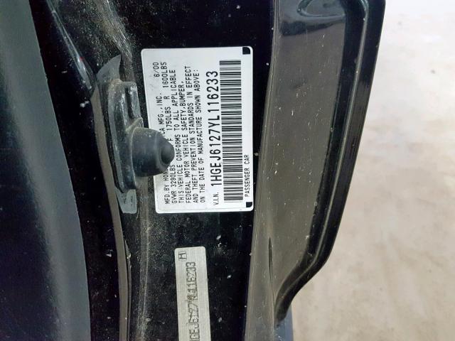 1HGEJ6127YL116233 - 2000 HONDA CIVIC DX BLACK photo 10