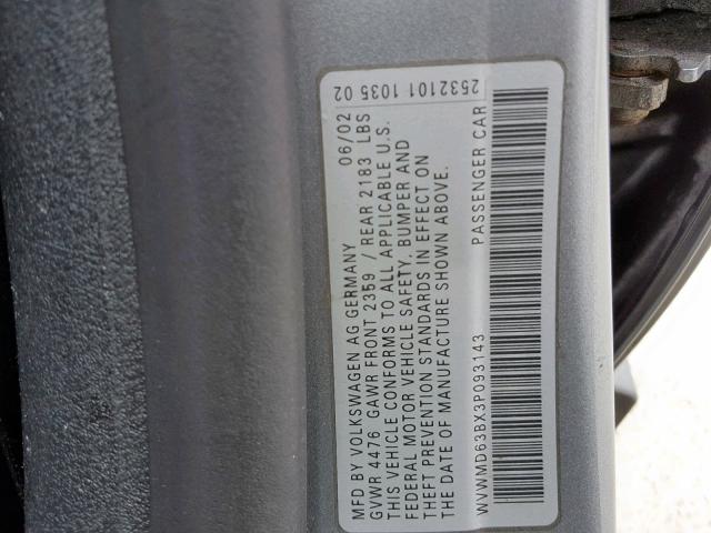 WVWMD63BX3P093143 - 2003 VOLKSWAGEN PASSAT GL GRAY photo 10