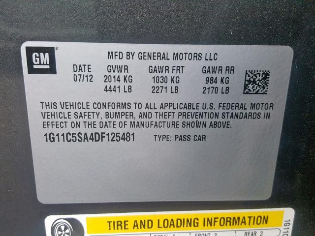 1G11C5SA4DF125481 - 2013 CHEVROLET MALIBU 1LT CHARCOAL photo 10