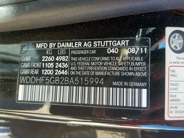 WDDHF5GB2BA515994 - 2011 MERCEDES-BENZ E 350 BLACK photo 10