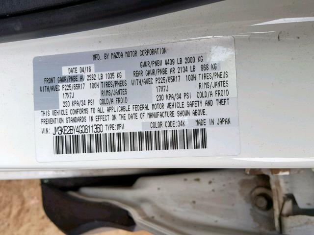 JM3KE2BY4G0811360 - 2016 MAZDA CX-5 SPORT WHITE photo 10