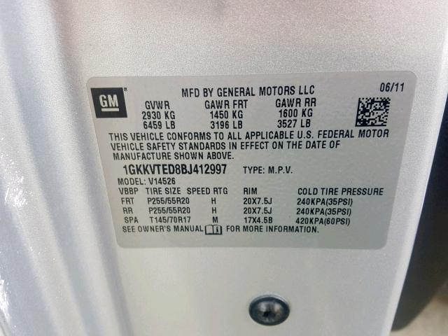 1GKKVTED8BJ412997 - 2011 GMC ACADIA DEN SILVER photo 10