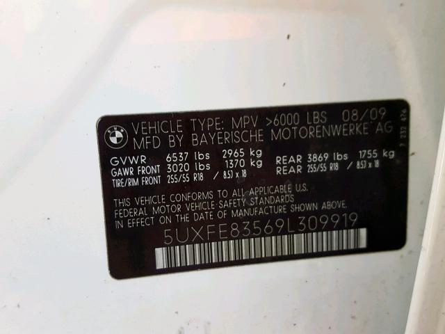 5UXFE83569L309919 - 2009 BMW X5 XDRIVE4 WHITE photo 10