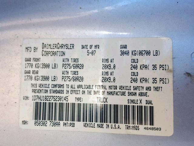 1D7HU18227S230145 - 2007 DODGE RAM 1500 S SILVER photo 10